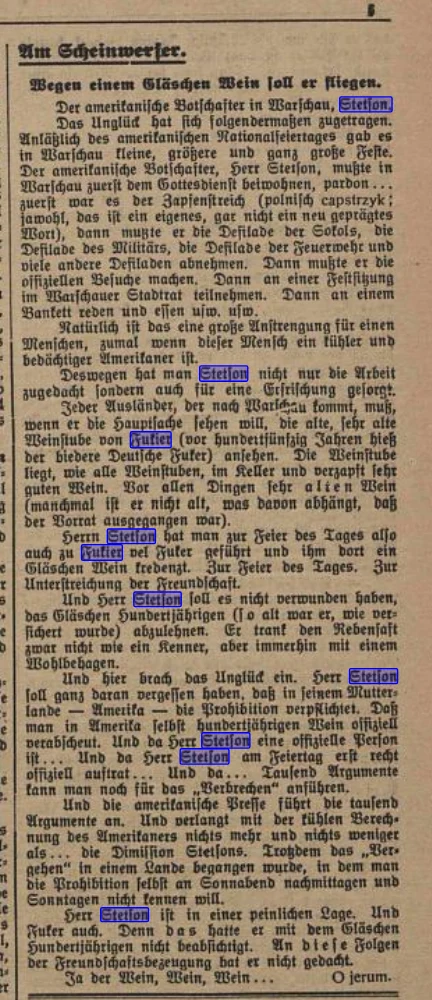 The Lodzer Volkszeitung of 14 July 1926, the column Wegen einem Gläschen Wein soll er fliegen