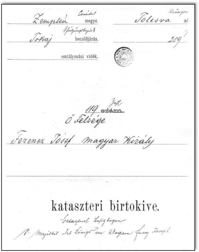 Title page of the cadastral extract: Zemplén megye, Tokaj becslőjárás, Tolcsva, no. 119, in the name of Ferencz József magyar király