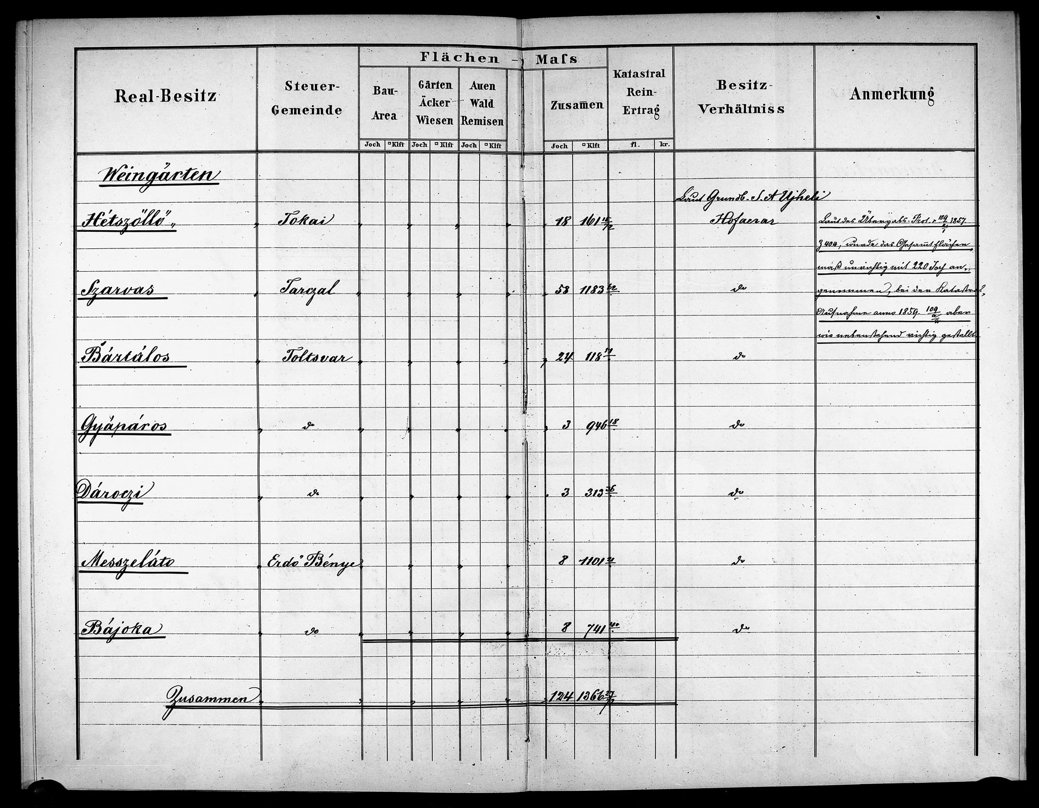 The Real-Besitz table of the extract, listing the court vineyards Hétszőlő, Szarvas, Bártalos, Gyapáros, Dároczi, Messzeláto and Bajoka with their areas