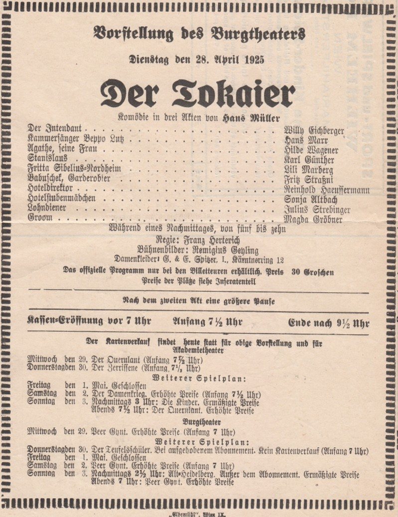 Burgtheater playbill, 28 April 1925