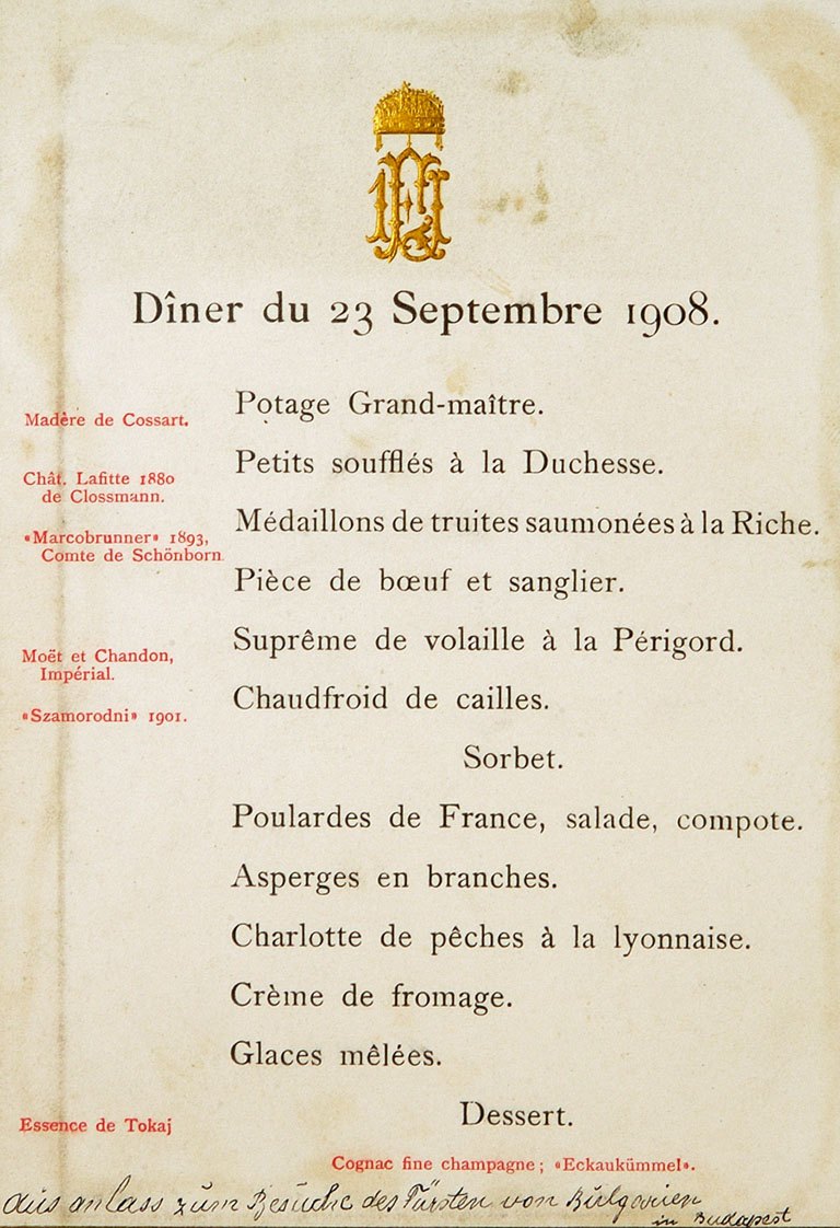 Menu card, 23 September 1908, with the Hungarian royal arms