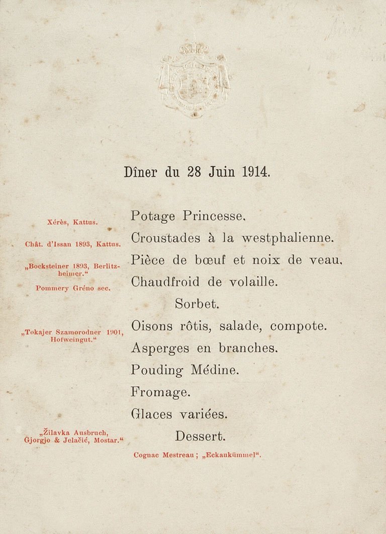Menu card for 28 June 1914 — the dinner that never took place