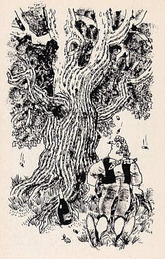 The courier asleep under the oak with the bottle beside him — drawing by Binder