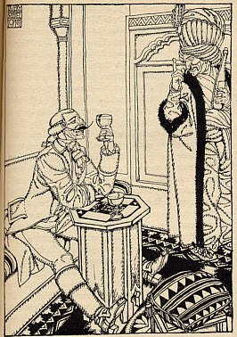 The Sultan raising the glass in his cabinet — pen drawing by József Divéky