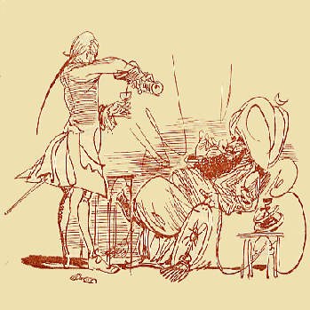 The marksman waking the sleeping runner — drawing by Fritz Kredel