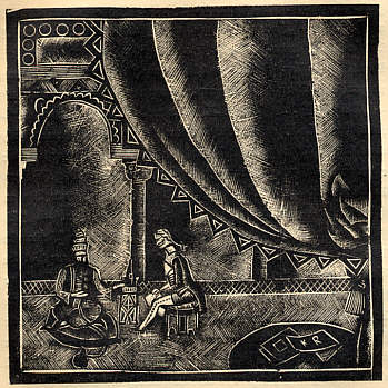 The two men alone in the curtained cabinet — woodcut by Karl Rössing