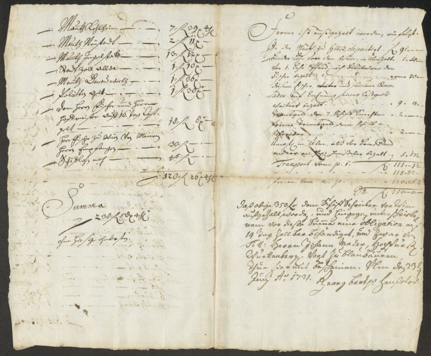 The cost specification, second sheet: the toll list totalling 238 fl. 58 x and the Ulm receipt for 350 fl.