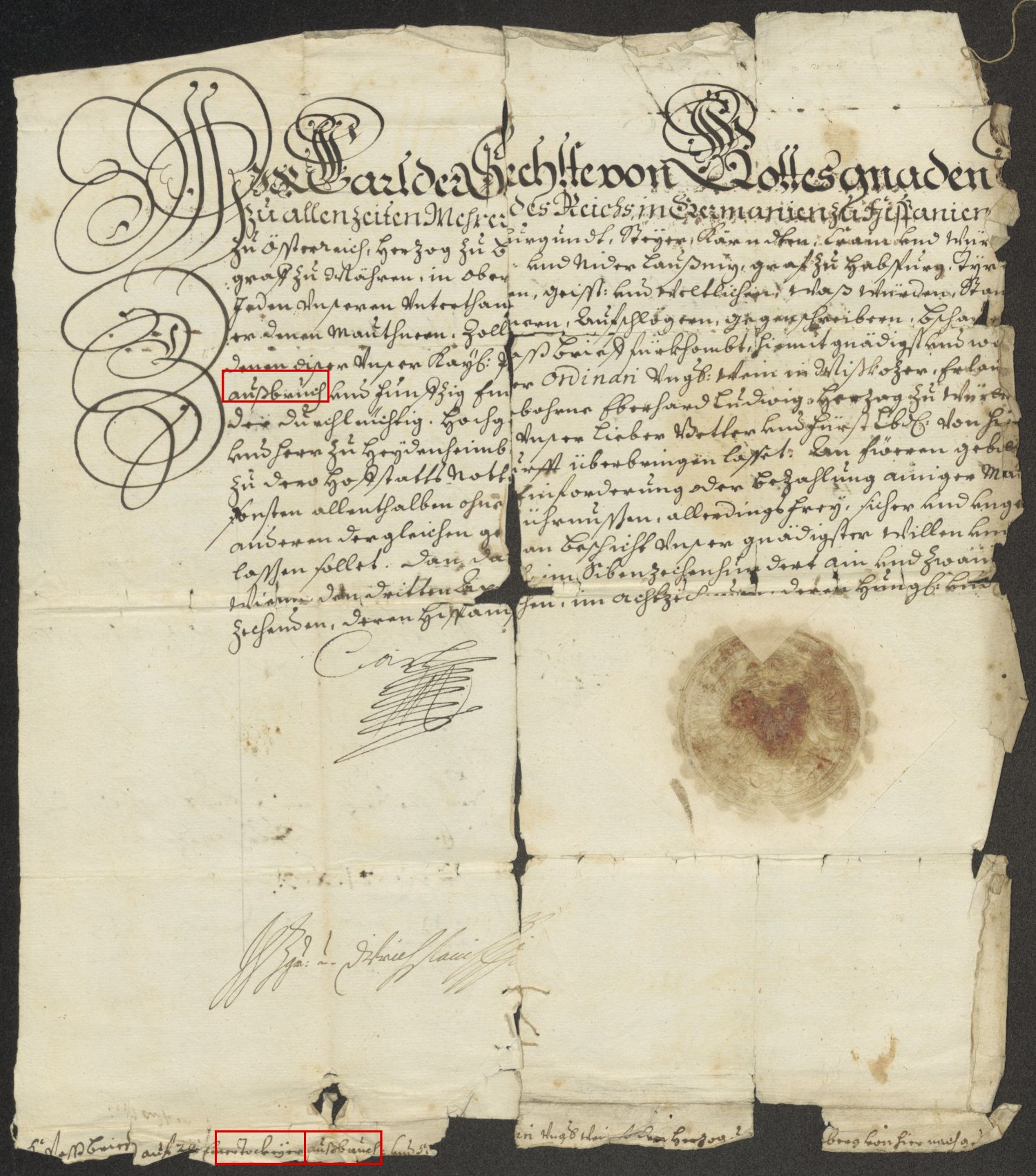 The front of the imperial pass of 3 May 1721: the calligraphic intitulatio of Charles VI, the seal, his own signature Carl, and the dorsal note, with Tockheyer and Ausbruch framed in red