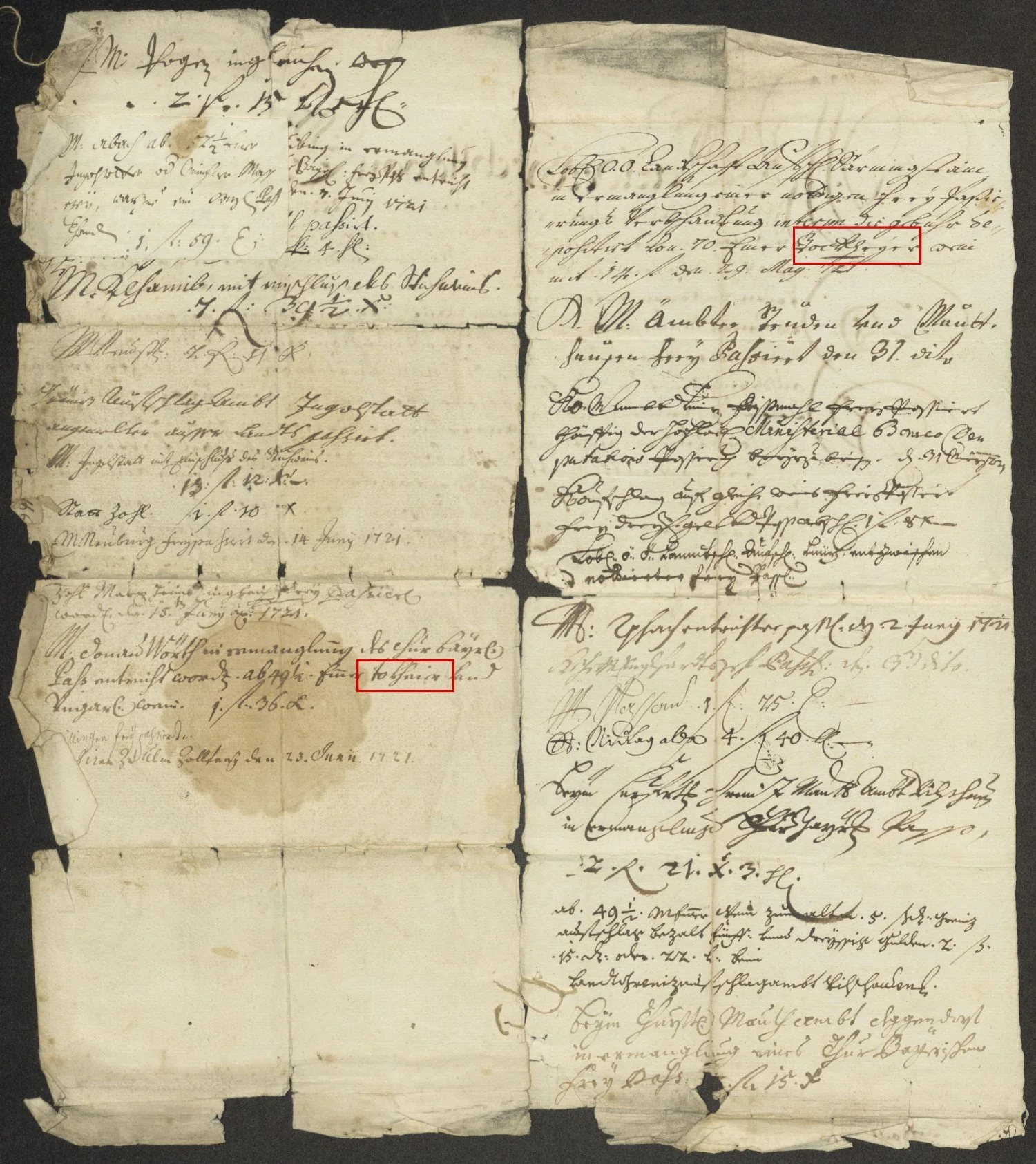 The back of the pass with the Bavarian and Swabian toll visas up to Ulm, Tockhayer and Tokheier framed in red