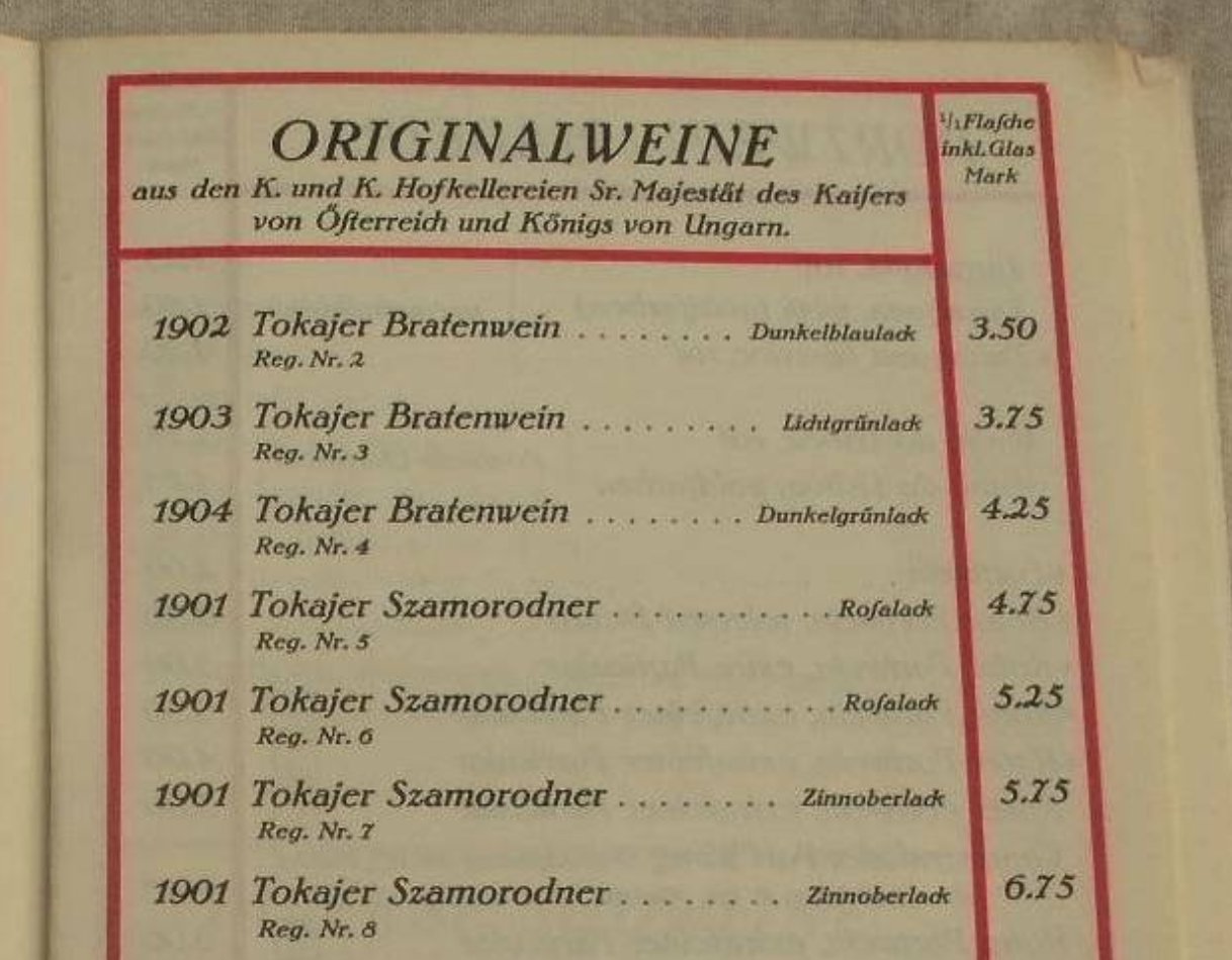 Detail of the Originalweine section: seven Tokajer bottlings from the k. u. k. Hofkellereien with register numbers and capsule-lacquer colours