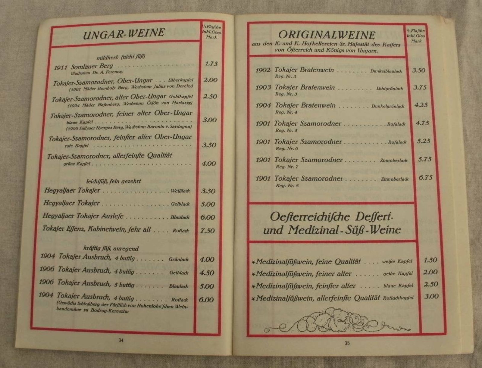 Pages 34–35 of the Louis Rex list: Ungar-Weine on the left, Originalweine from the imperial cellars on the right