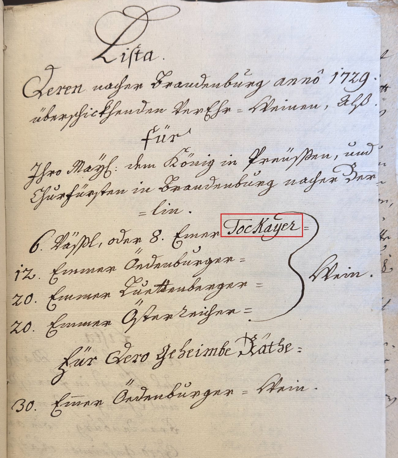 The enclosed Lista of 1729, headed with 6 Väßl or 8 Eimer Tockayer