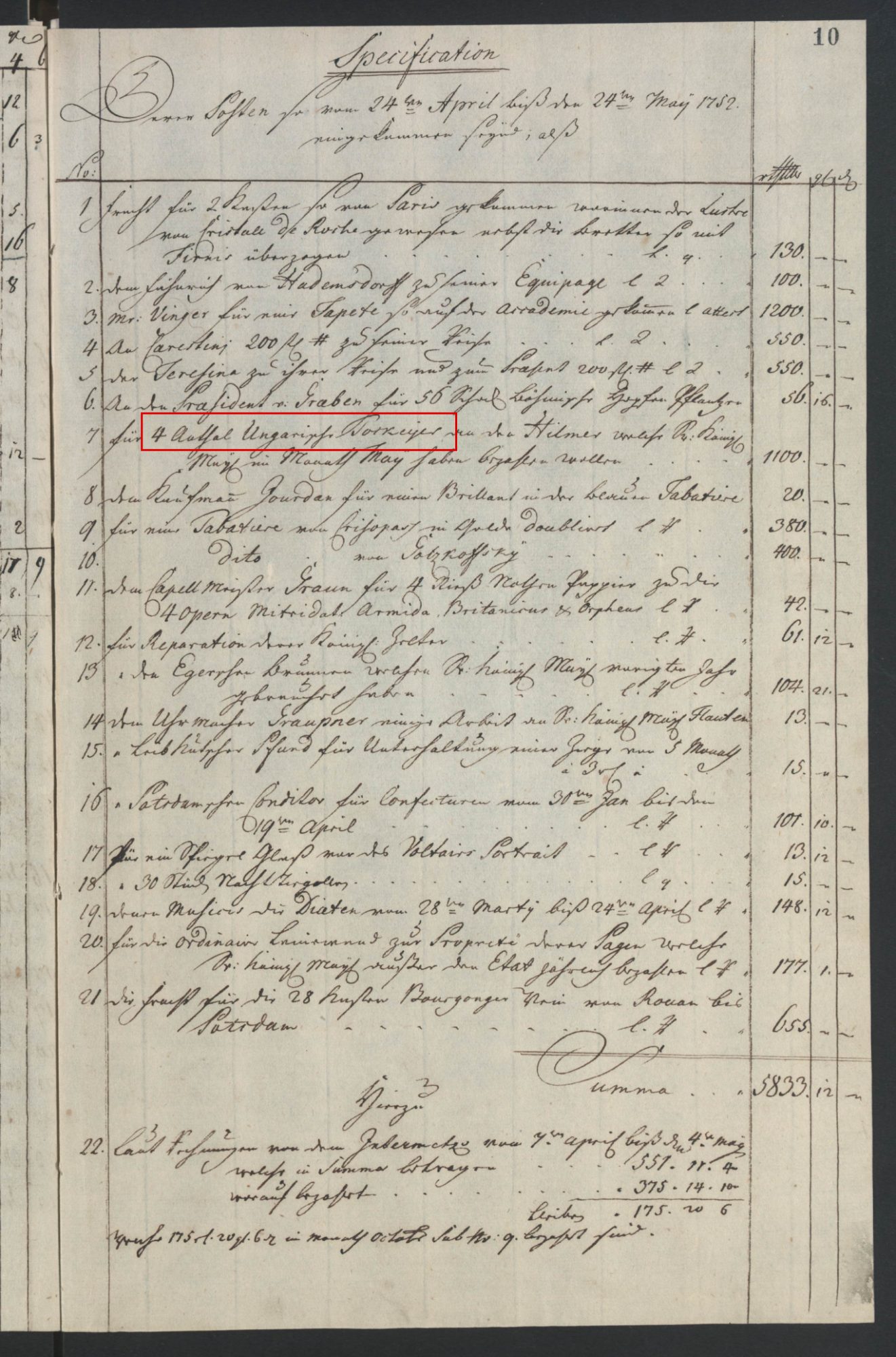 Monthly register leaf of the privy purse, April–May 1752, item 7 framed in red