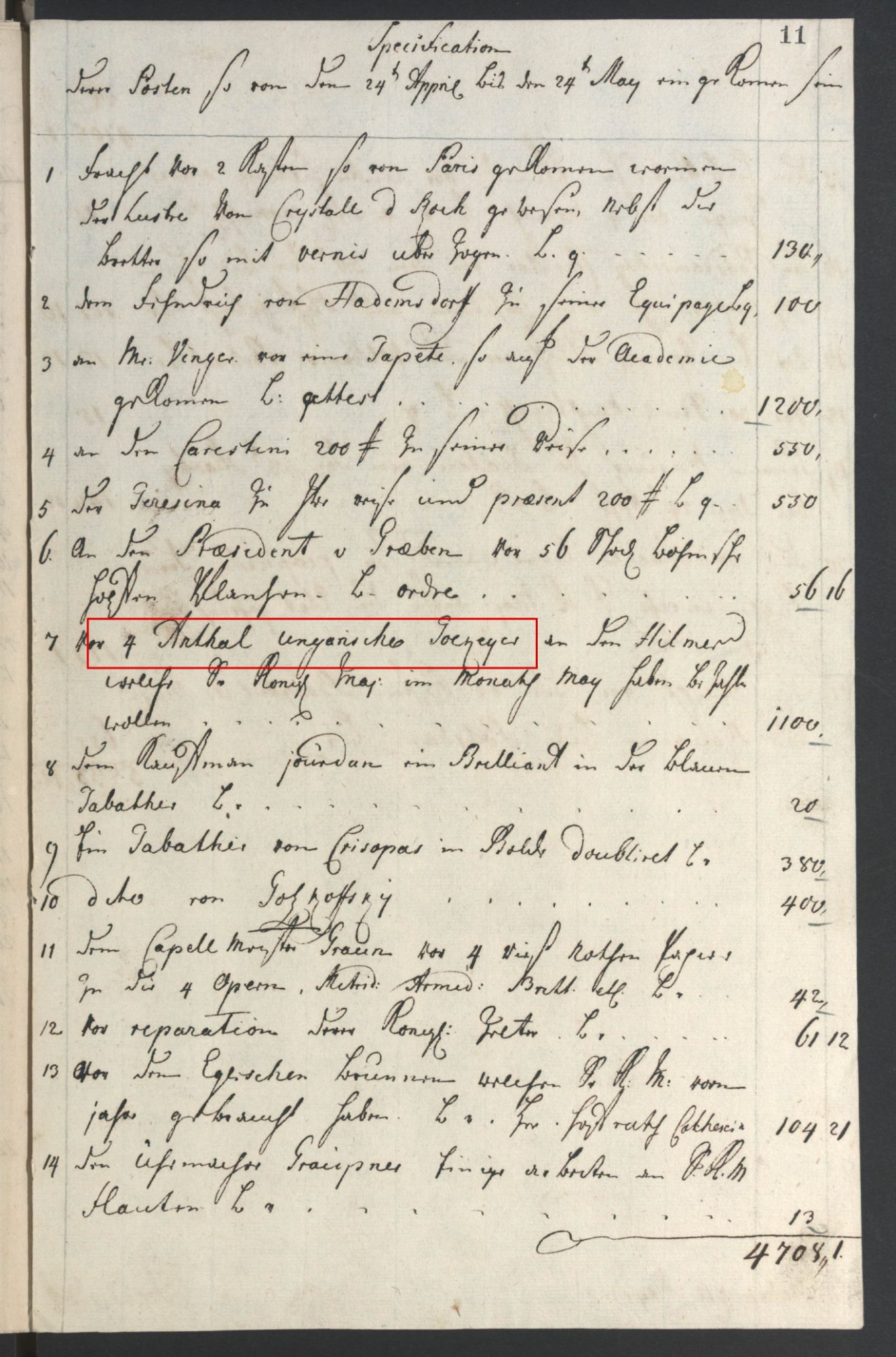 Four Anthal of Tokaji in the privy purse, 1752