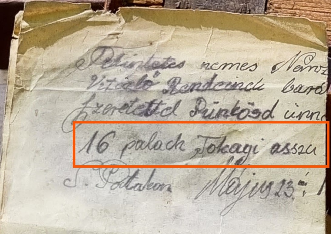 Letter from Sárospatak recording 16 bottles of Tokaji aszú
