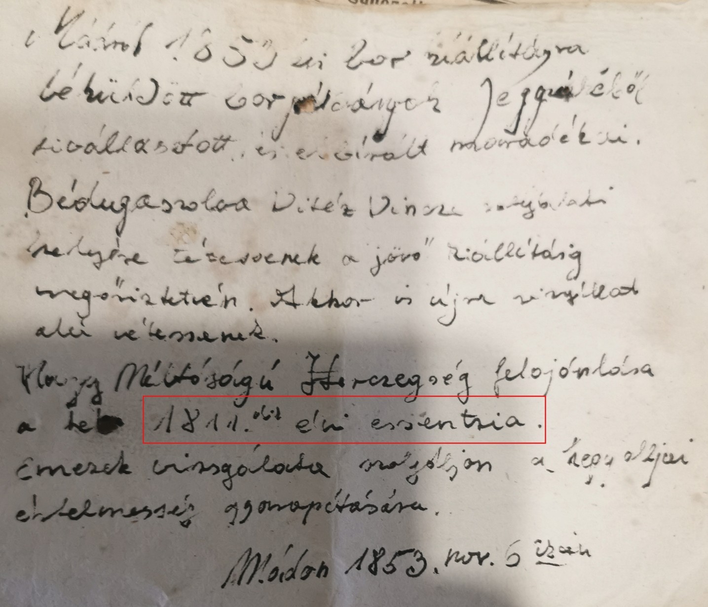 Hungarian note of 6 November 1853 mentioning 1811 essentia
