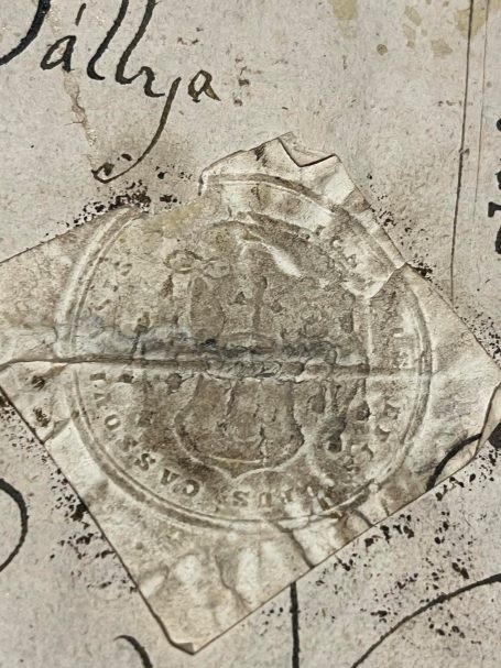 Paper seal on a document beside the place name Tállya
