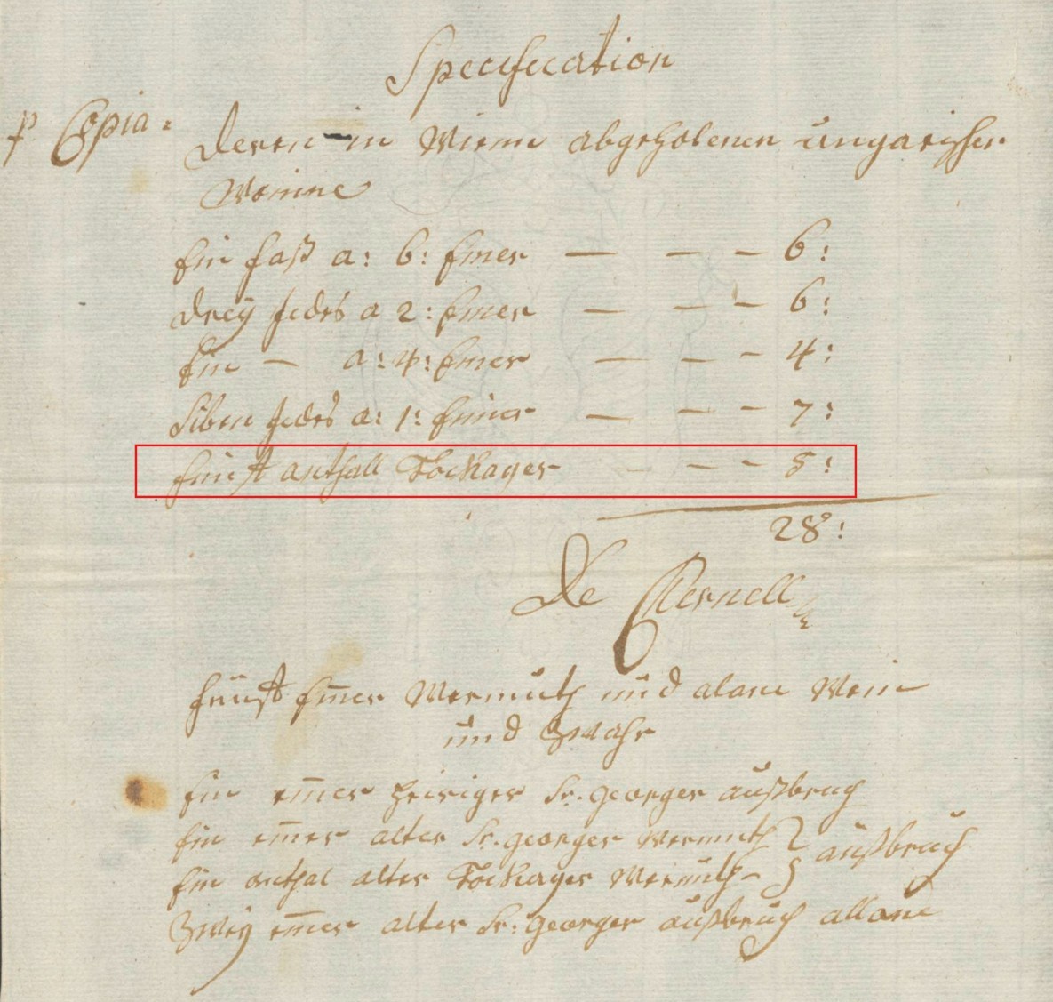 Stuttgart archive: specification of Hungarian wines, Tokayer line marked