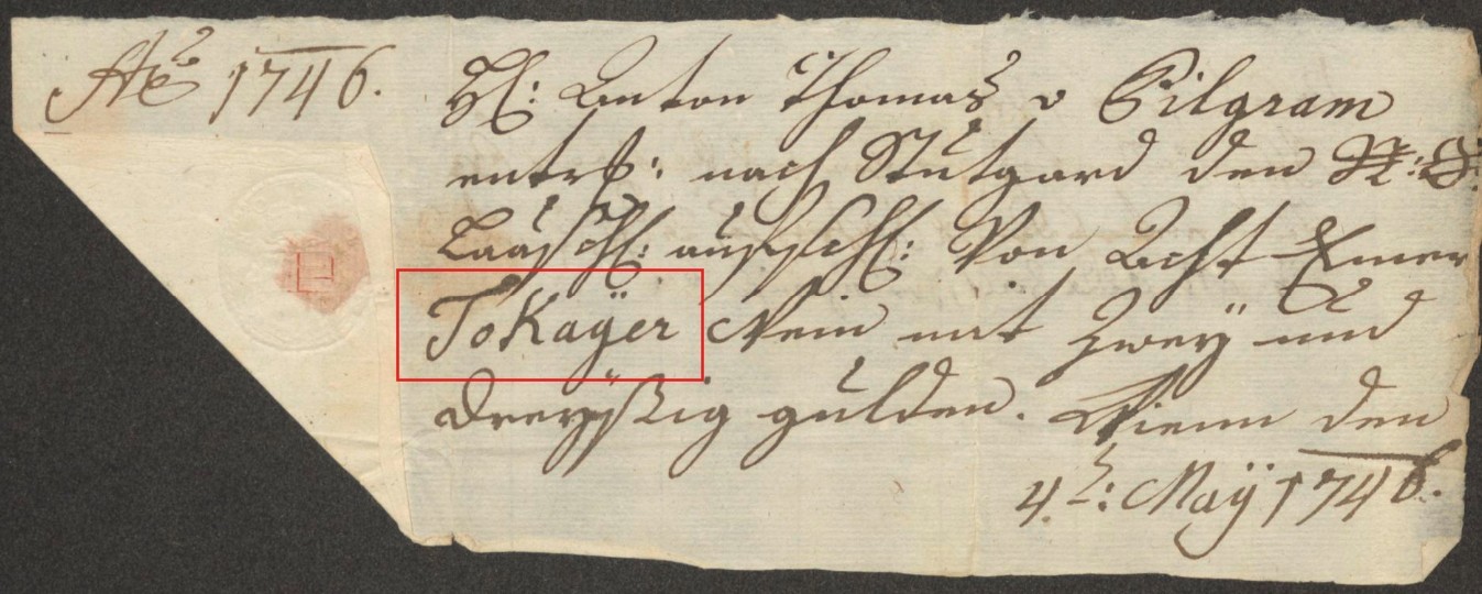 Stuttgart archive: 1746 note on Tokajer wine, thirty-two gulden