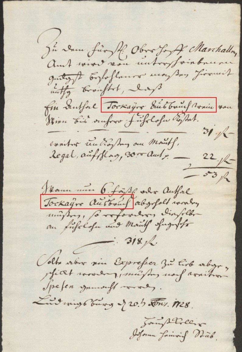 Stuttgart archive: 1728 Ludwigsburg costing for Tokayer Ausbruch