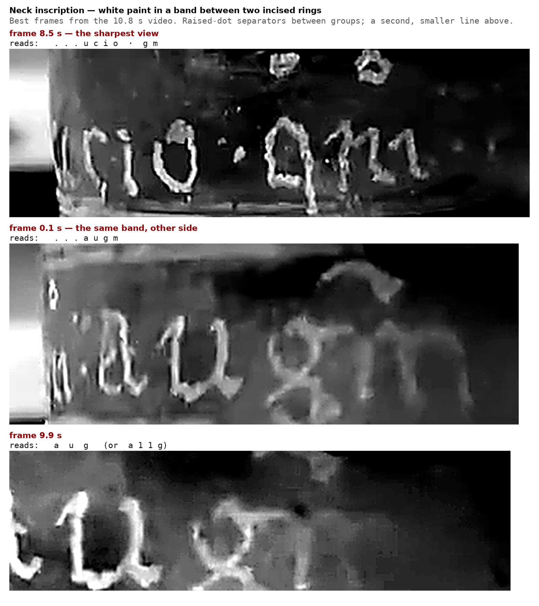 Frames from the video of the neck inscription, with the readings