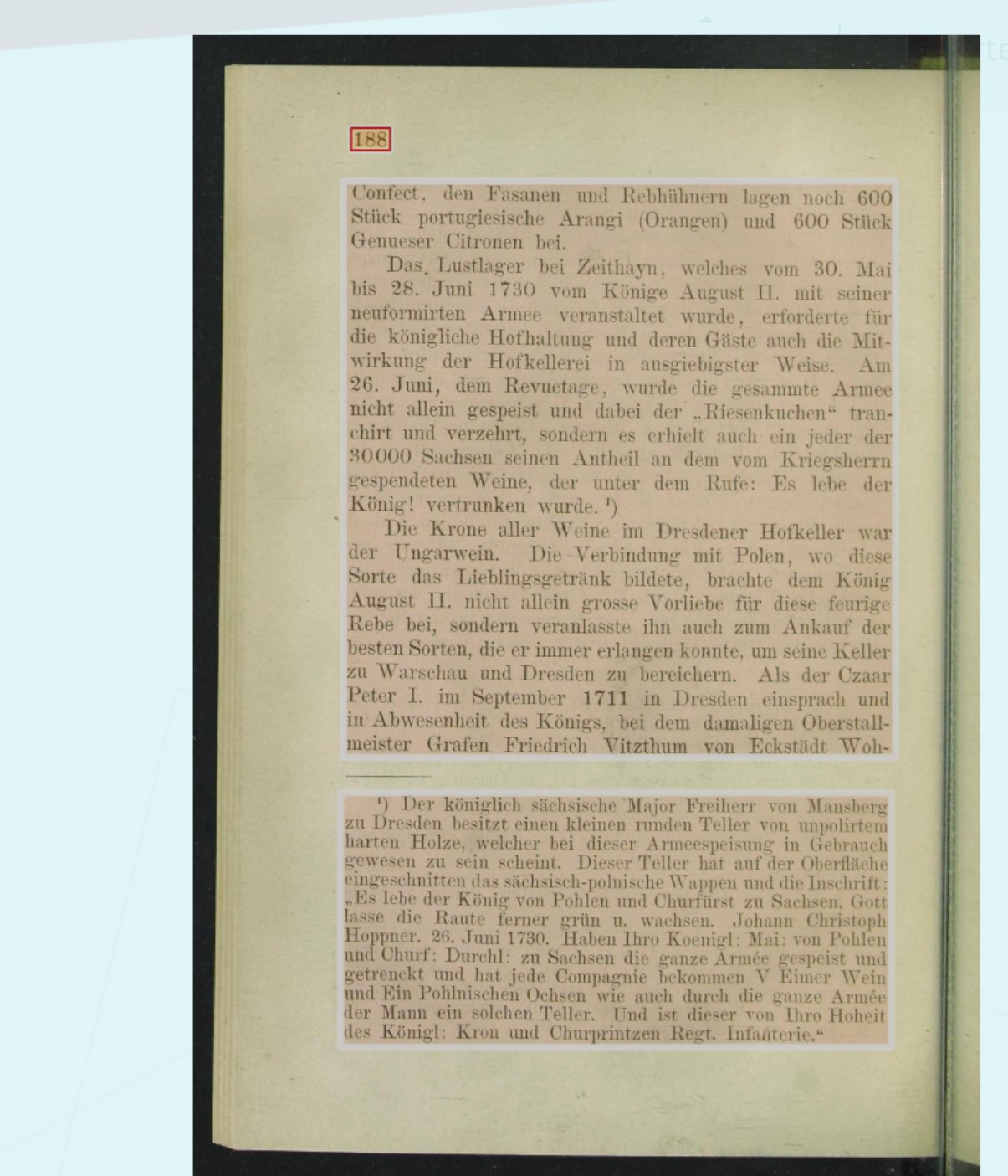 Page 188 of the 1880 study, on Hungarian wine as the crown of the Dresden cellar
