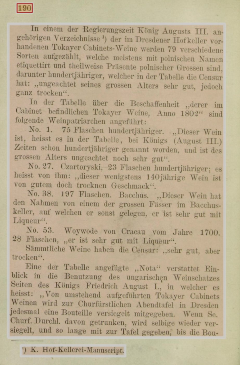 Page 190 of the 1880 study, with the 1802 condition table of the Cabinet wines