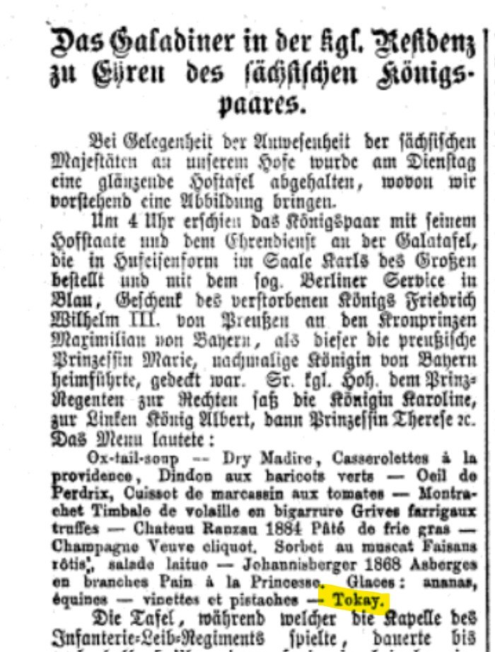 Gala dinner menu report in the Neues Münchner Tagblatt, with Tokay highlighted