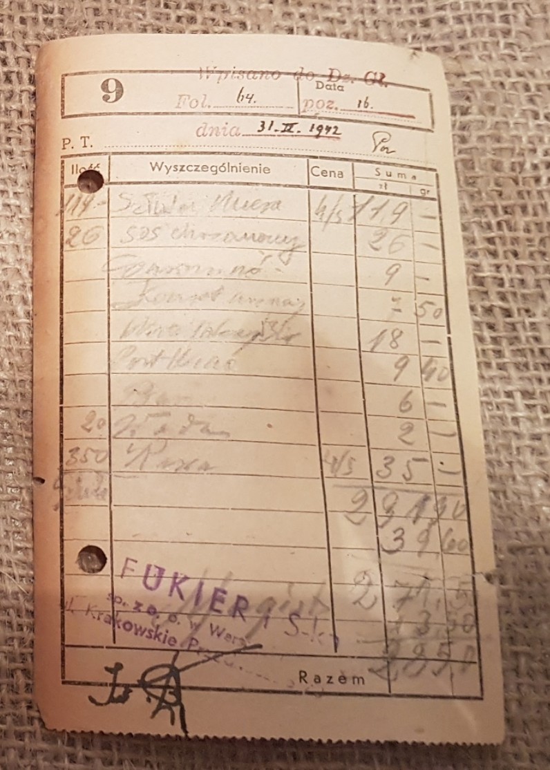 Fukier invoice of 31 December 1942, itemised in Polish and stamped with the firm’s name and address
