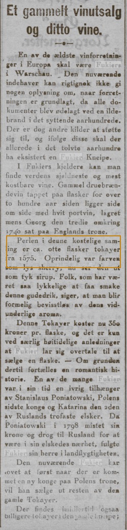 Norwegian newspaper article on the Fukier wine house, mentioning eight bottles of the 1575 vintage