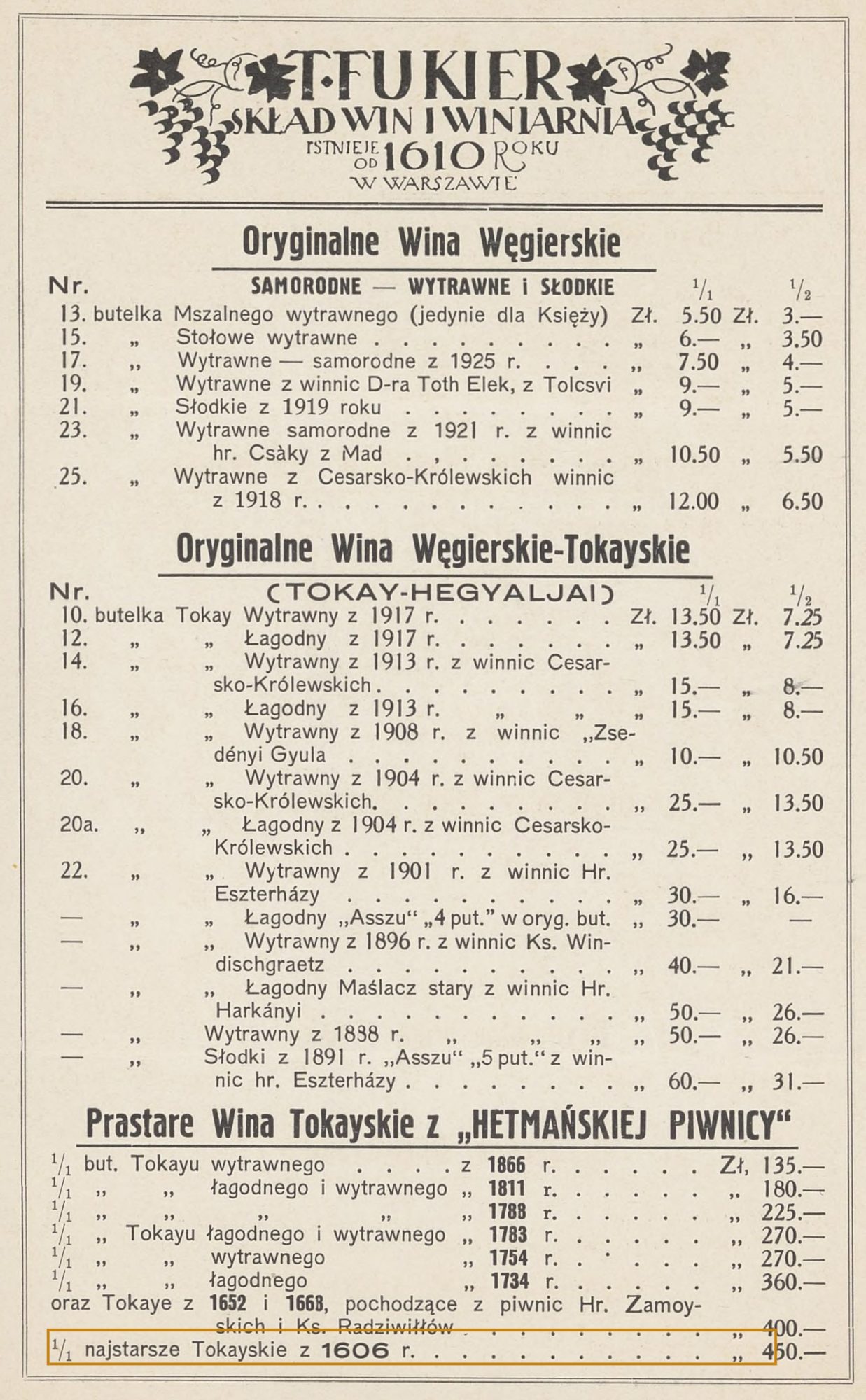 Fukier price list, with the 1606 Tokaji marked at the foot of the Hetman cellar section