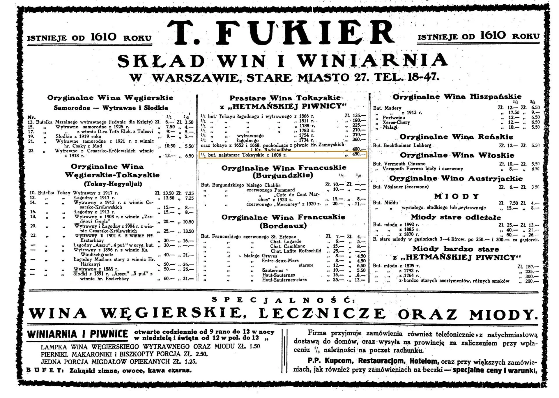 Fukier broadsheet price list for Stare Miasto 27, with the 1606 entry marked